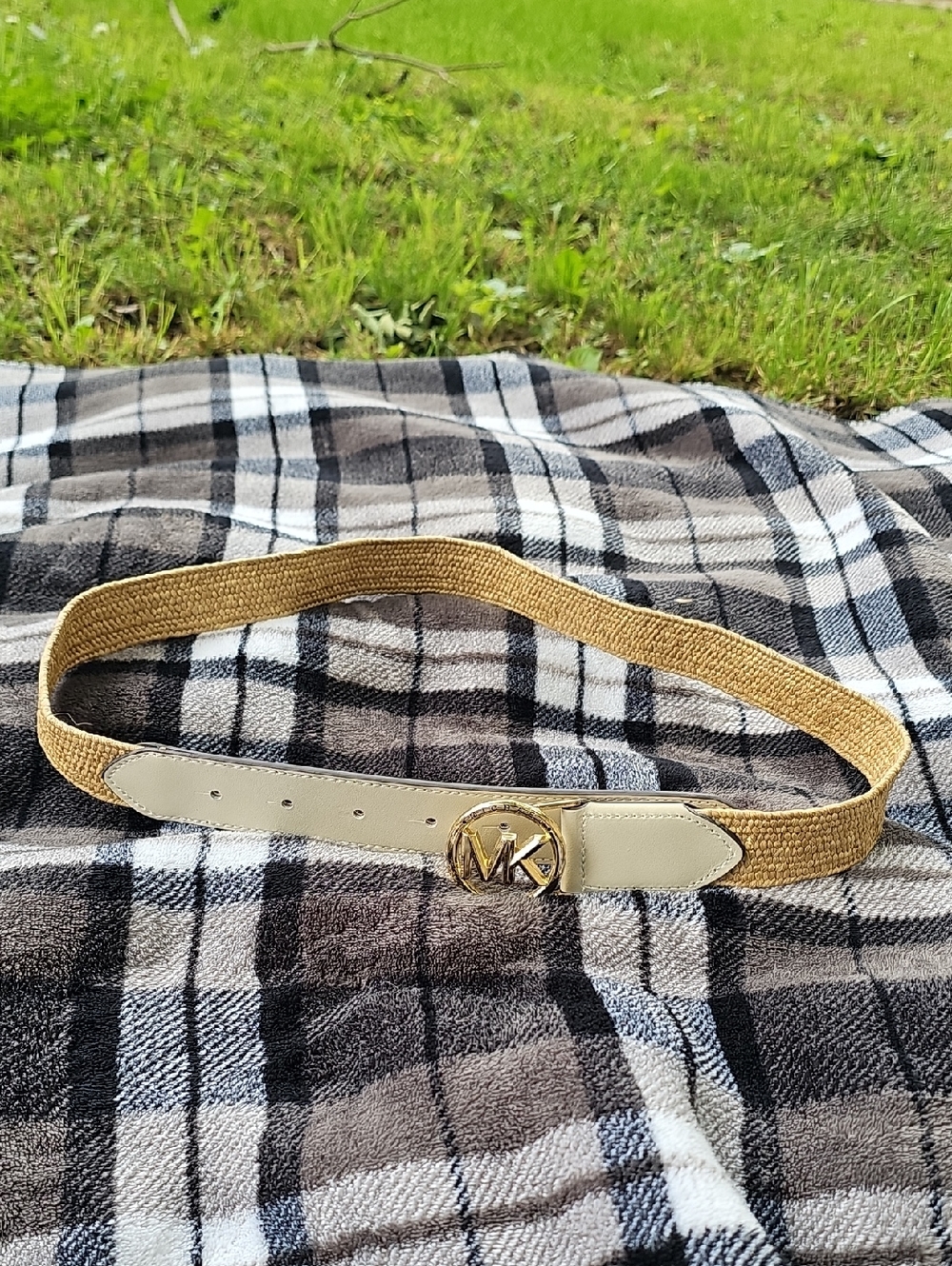 Michael Kors Tan Woven Elastic Belt with Gold MK Buckle (B)